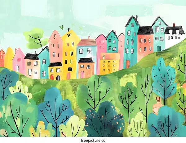 Colorful Houses on a Green Hill Watercolor Illustration