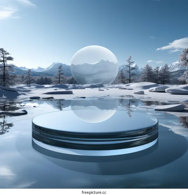 3D rendering of a glass platform in a snowy landscape with a large sphere in the background