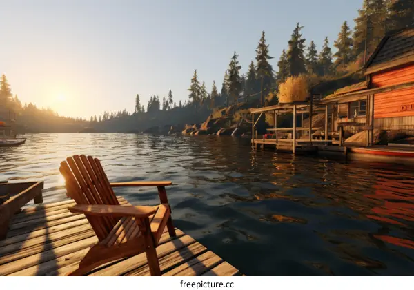 Wooden dock on a lake with a beautiful sunset in the background