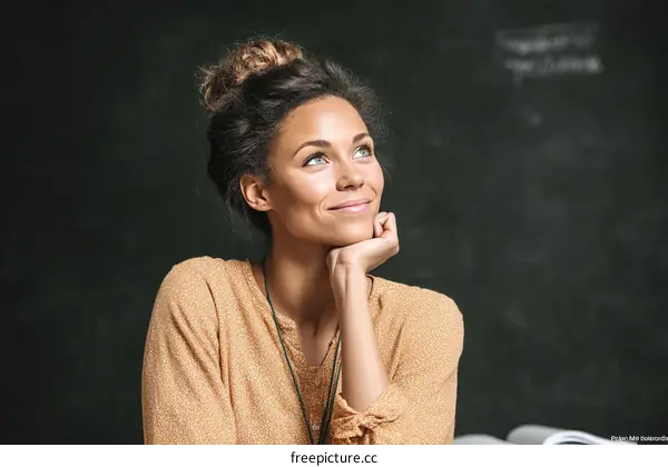 Thoughtful Woman Portrait Against Dark Background
