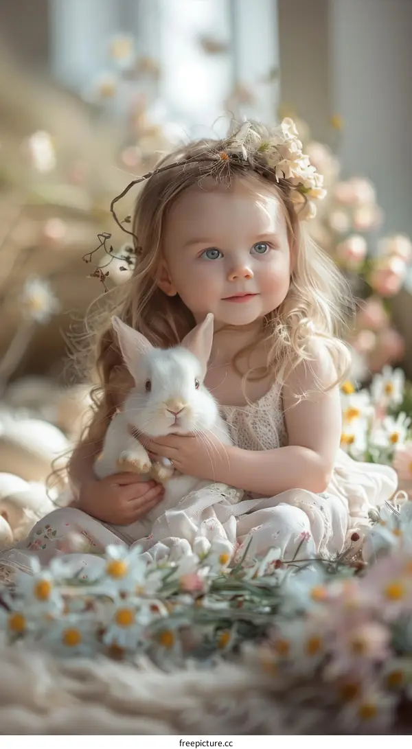 Little Girl and Bunny in a Field of Daisies