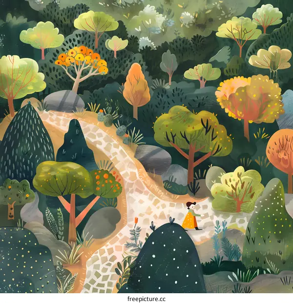 Woman Walking Through Colorful Forest Path