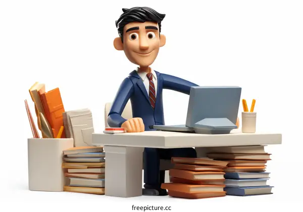 A businessman sitting at his desk and working on his laptop while surrounded by paperwork