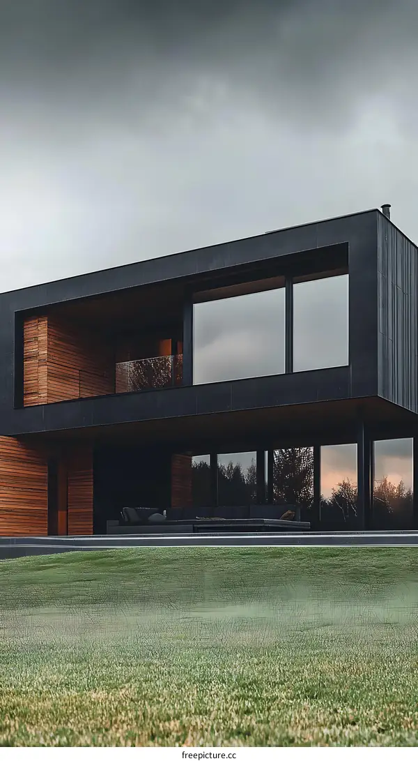 Modern Black House with Large Windows and Green Grass
