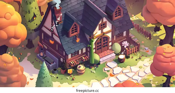 Cozy Cottage in the Woods with Autumn Foliage