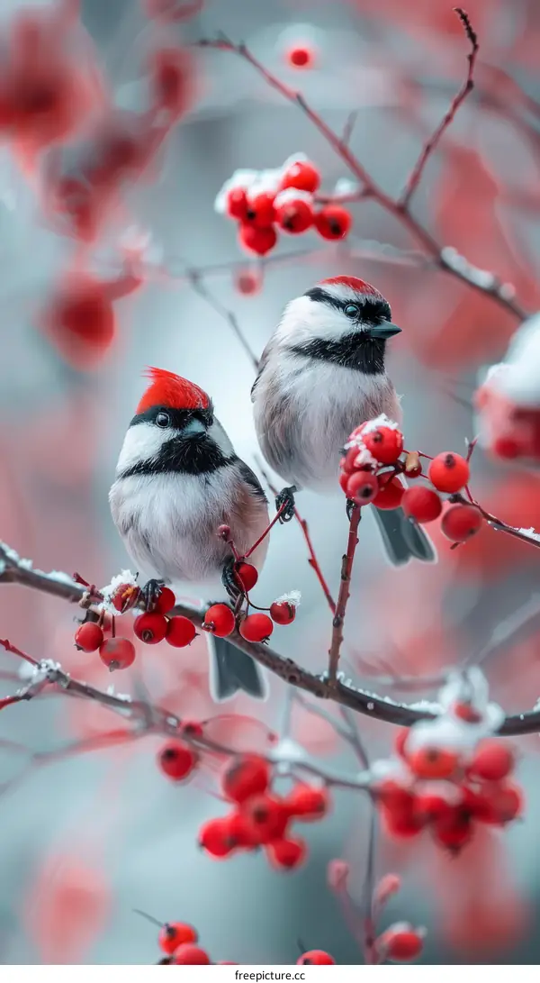 Two birds on a branch with red berries in the snow