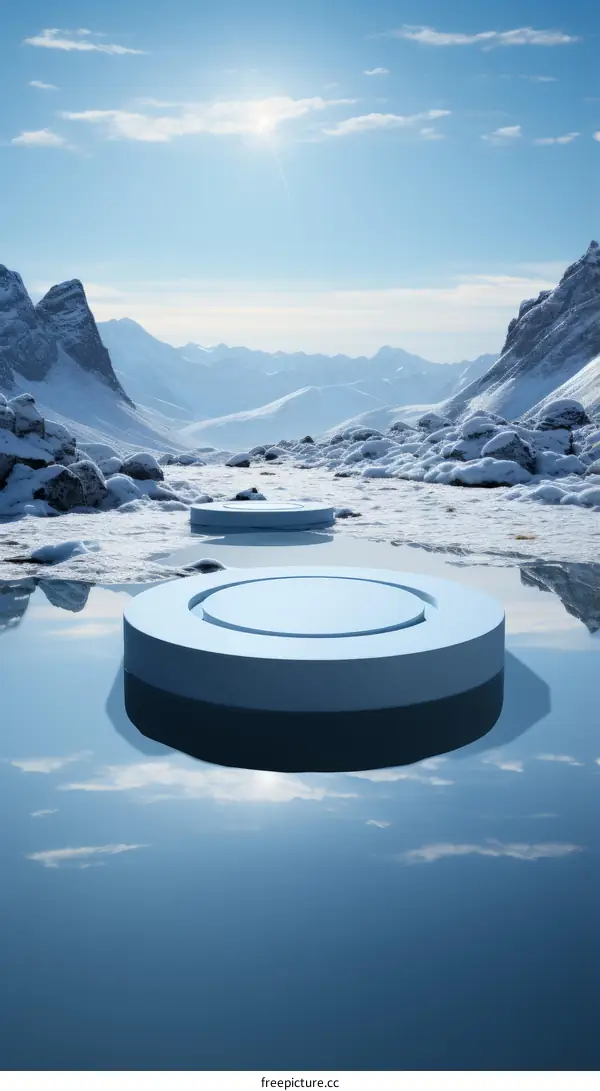 Blue podiums in snowy mountains