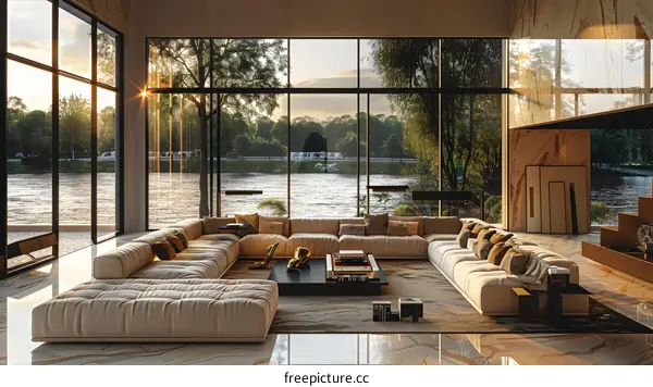 Modern house interior design with large windows overlooking river