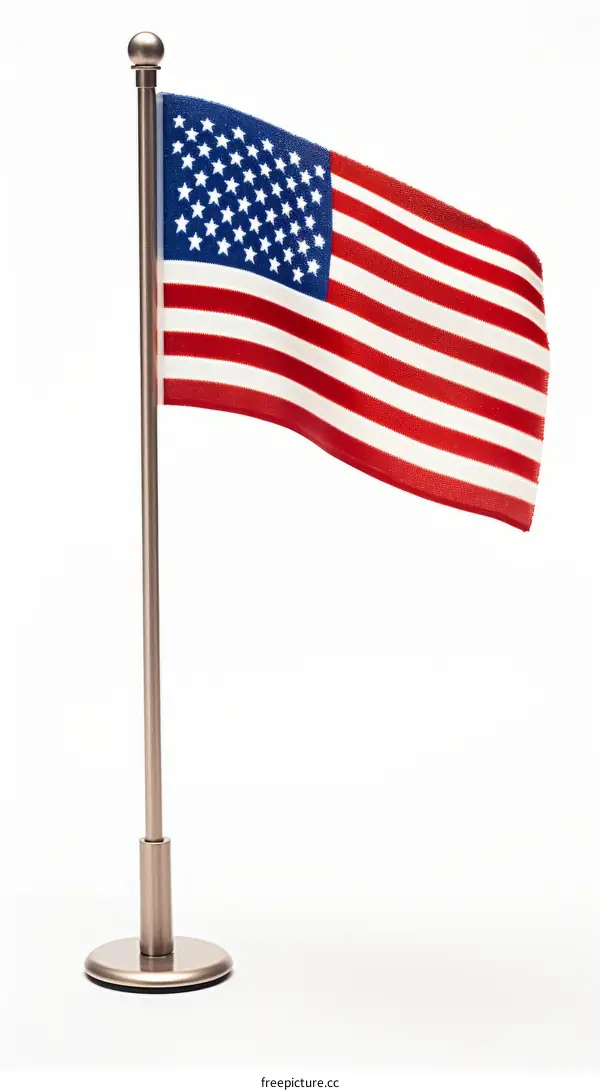 Small American flag on a silver pole against a white background