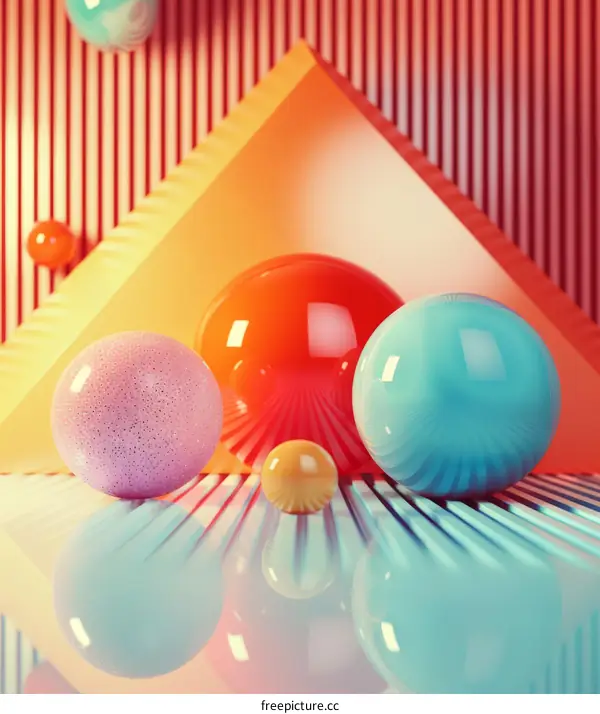 3D rendering of colorful balls on a reflective surface with a geometric background