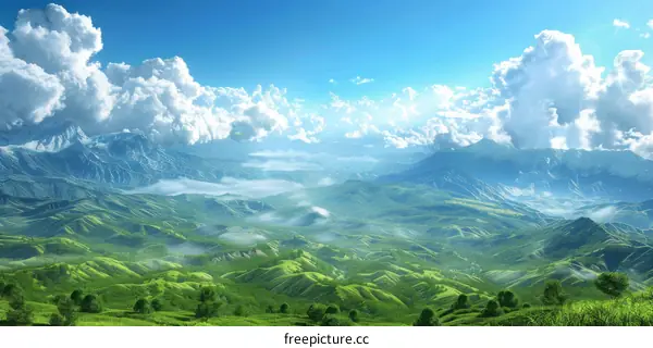 Lush Green Mountain Range Under Blue Sky with Clouds