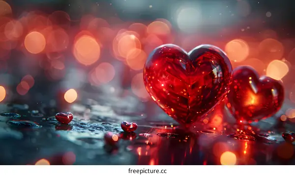 A red glass heart and a pink glass heart on the table with many red dots of light around