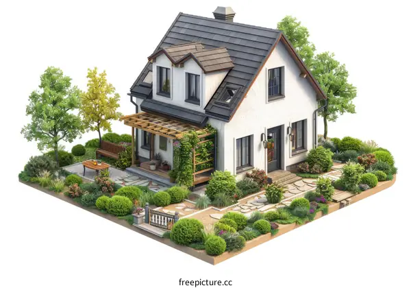 3D rendering of a beautiful house with a garden