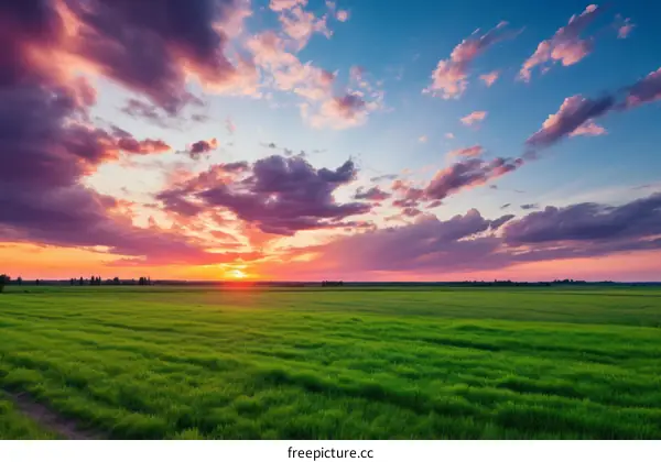 Sunset Over Green Field