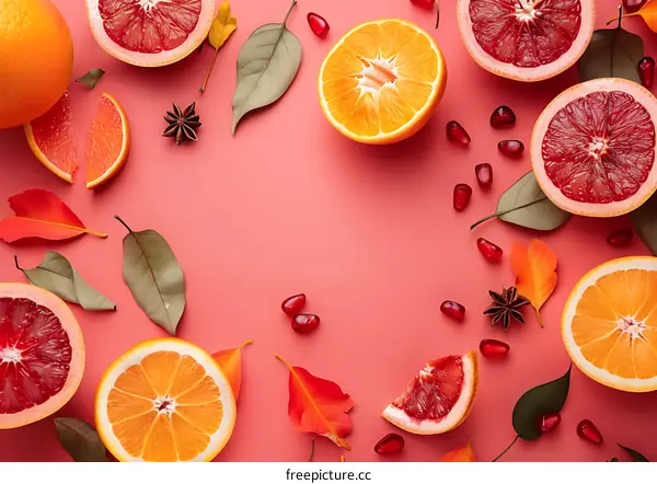 Citrus Fruits and Leaves on Pink Background
