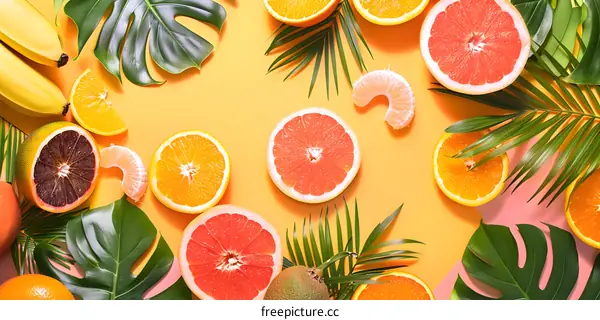 Tropical Fruit Background with Palm Leaves and Citrus