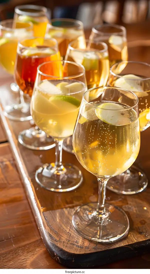 Closeup of Apple Cider in Wine Glasses on Wooden Board