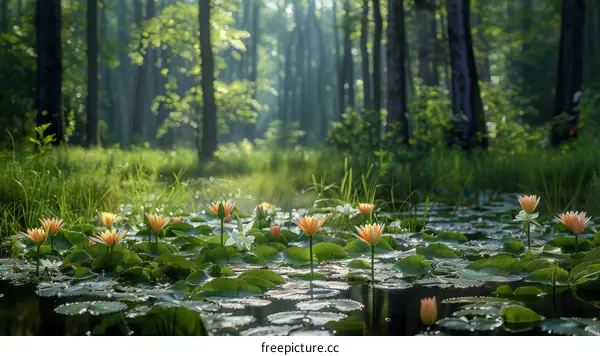 Sunlit Serenity: A Verdant Pond in the Woodland