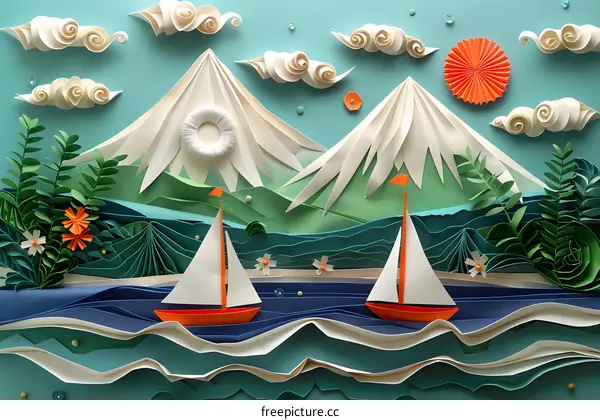 Paper Art Landscape with Mountains, Clouds, and Sailboats