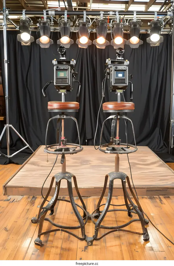 Two Vintage Movie Cameras on Tripod Stands in Studio
