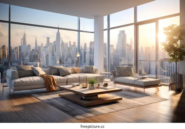 Modern living room interior with city view