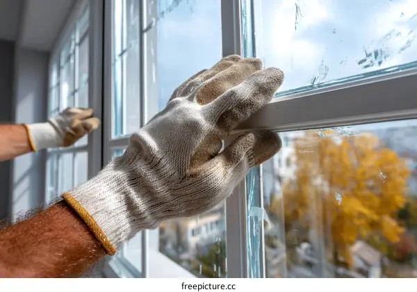 Worker Installing Window Glass with Gloves