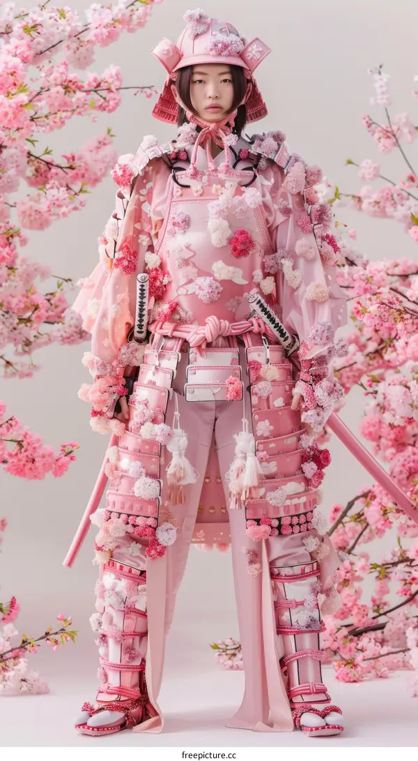 Pink Samurai Warrior Amidst Cherry Blossoms
