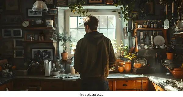 Man looking out the window in a cluttered kitchen