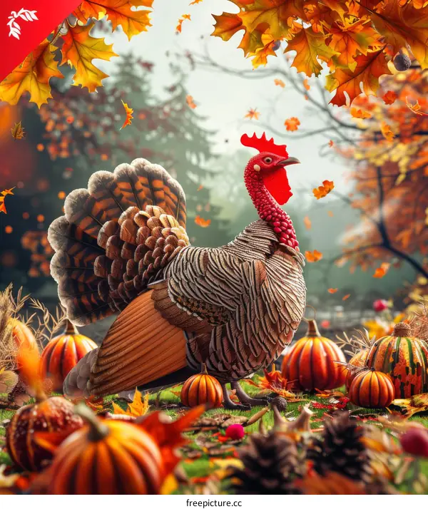 Thanksgiving Turkey surrounded by pumpkins and autumn leaves