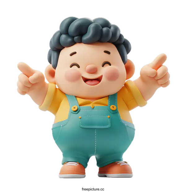 [Transparent Background PNG]Happy Cartoon Boy with Yellow Shirt and Blue Overalls