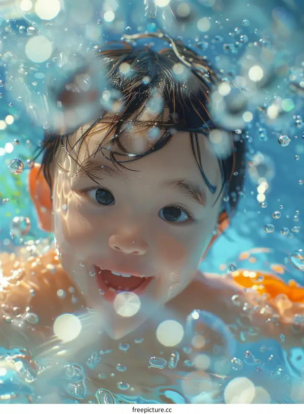 Toddler having fun swimming underwater in a pool