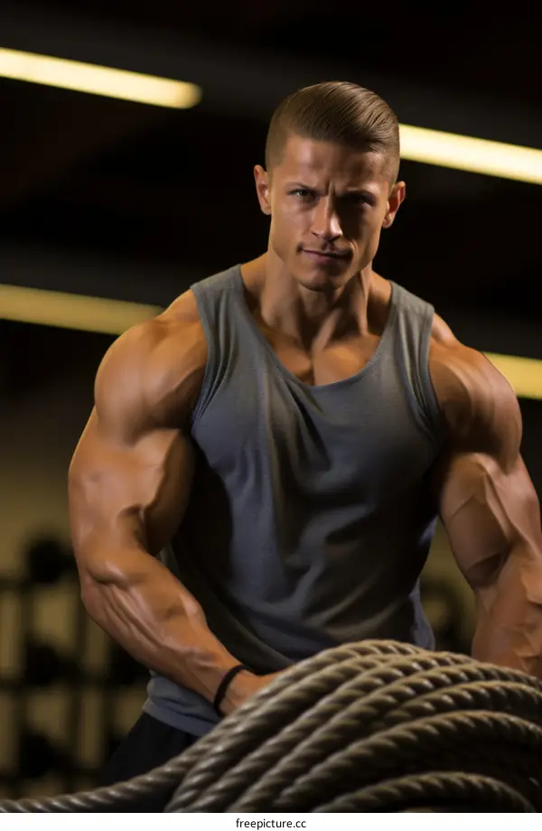 muscular man holding rope in gym