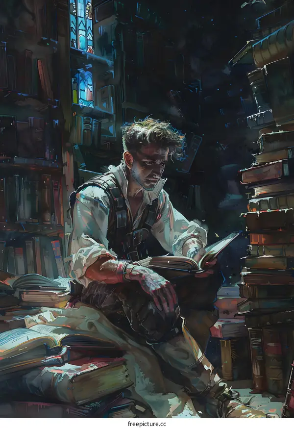 Man Reading Book in Library with Stack of Books