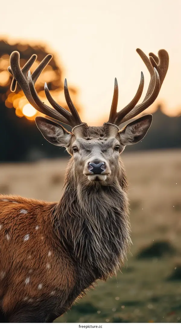 A majestic deer stands in a field at sunset