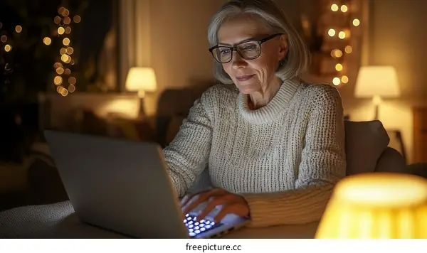 Senior Woman Working on Laptop at Night
