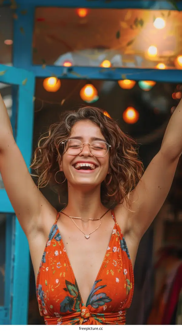 Joyful Woman Outdoors in a Floral Top