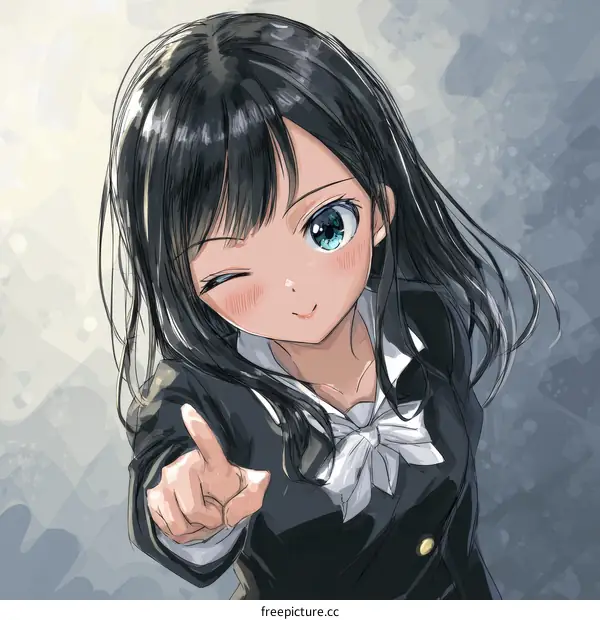 Cute Girl Winking and Pointing in School Uniform