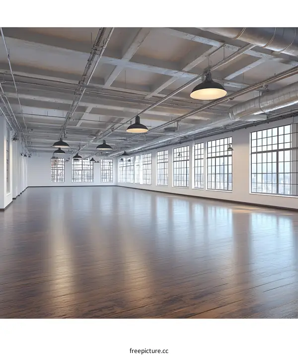 Large Empty Room With Industrial Ceiling Lights and Exposed Piping