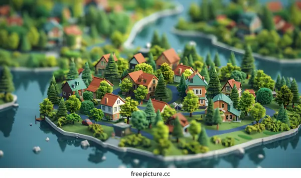 Miniature Model of a Green Village by the Lake
