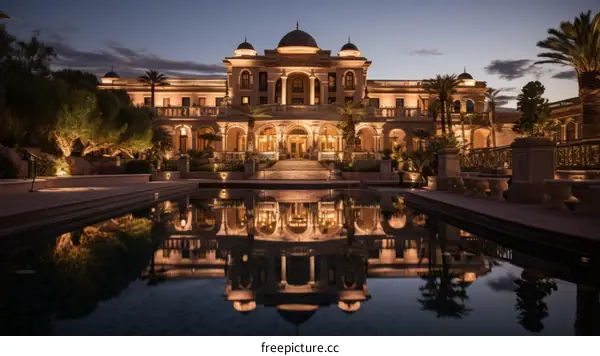 A stunning mansion with a beautiful reflection in the pool