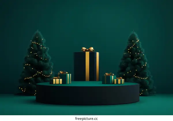 Christmas Gift Scene Illustration on Dark Green Background