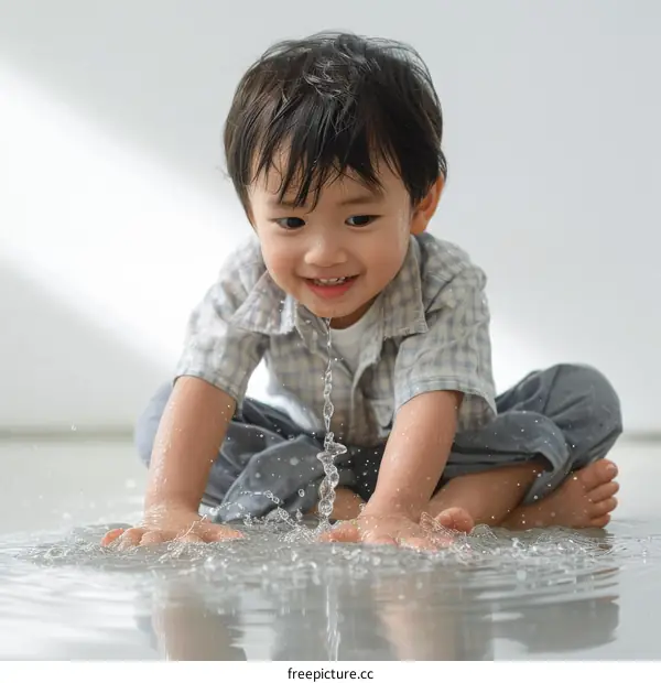 Asian toddler boy playing with water on the floor