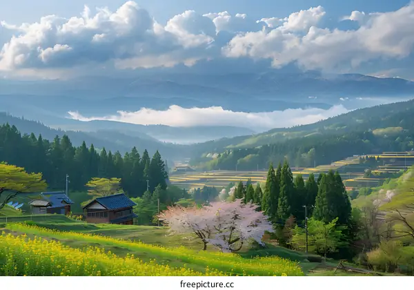 A beautiful landscape of terraced rice fields in Japan