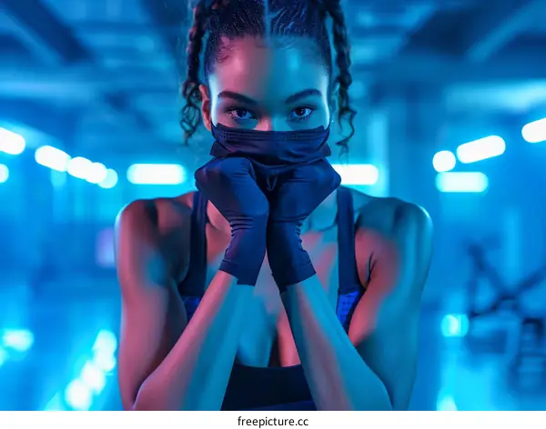 Portrait of a young African-American woman wearing a mask and gloves