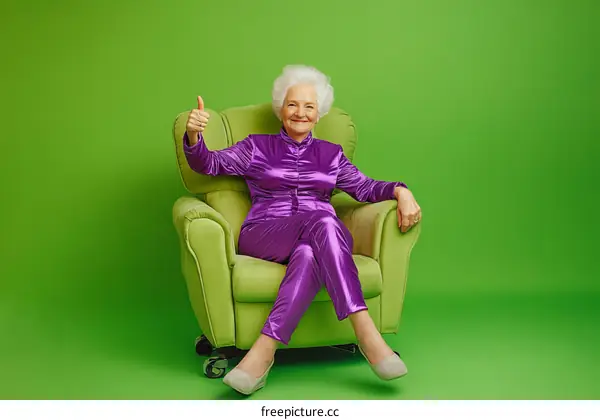 Senior Woman in Purple Outfit Posing in a Green Chair