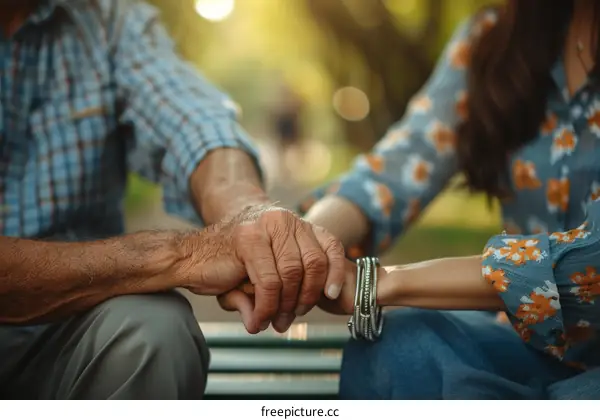 An elderly man holding hands with a young woman