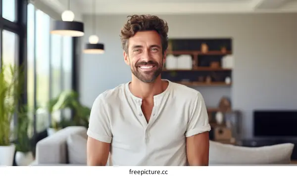 Portrait of a smiling man with brown hair and beard wearing a white shirt