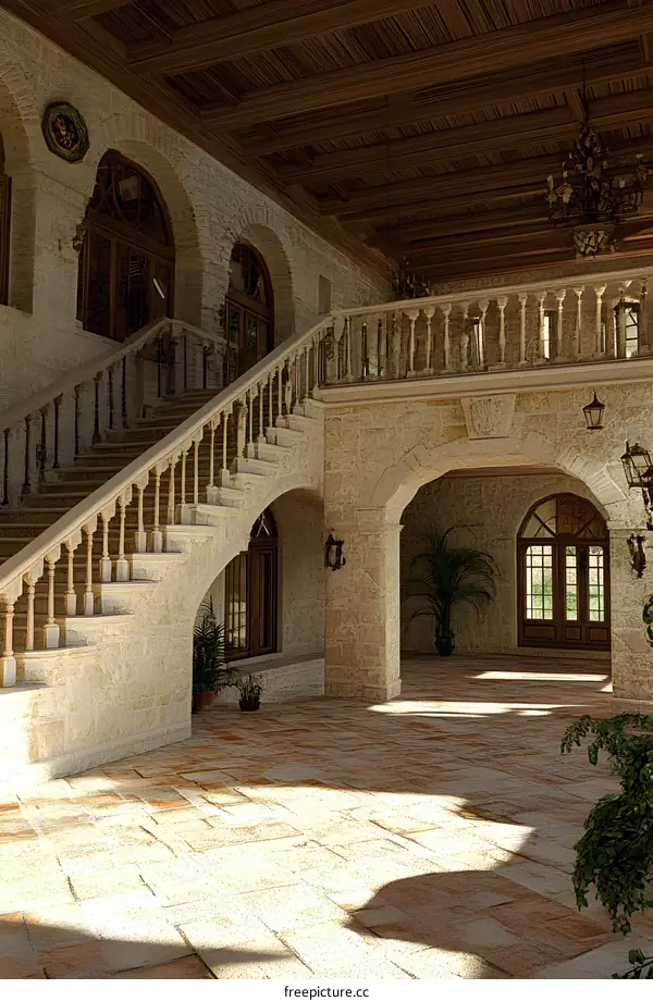 Stone Staircase and Arched Entrance in a Luxury Home