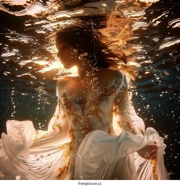 Ethereal Underwater Portrait of a Woman in a Golden Dress