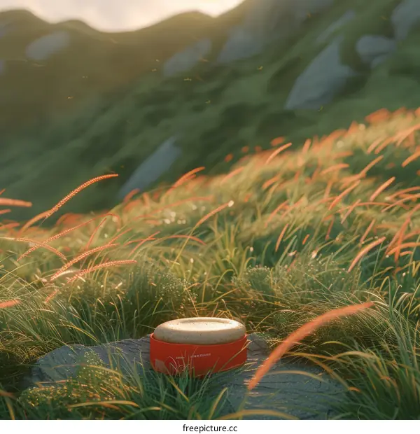 Close-up of a red cylinder on a rock in a grassy field